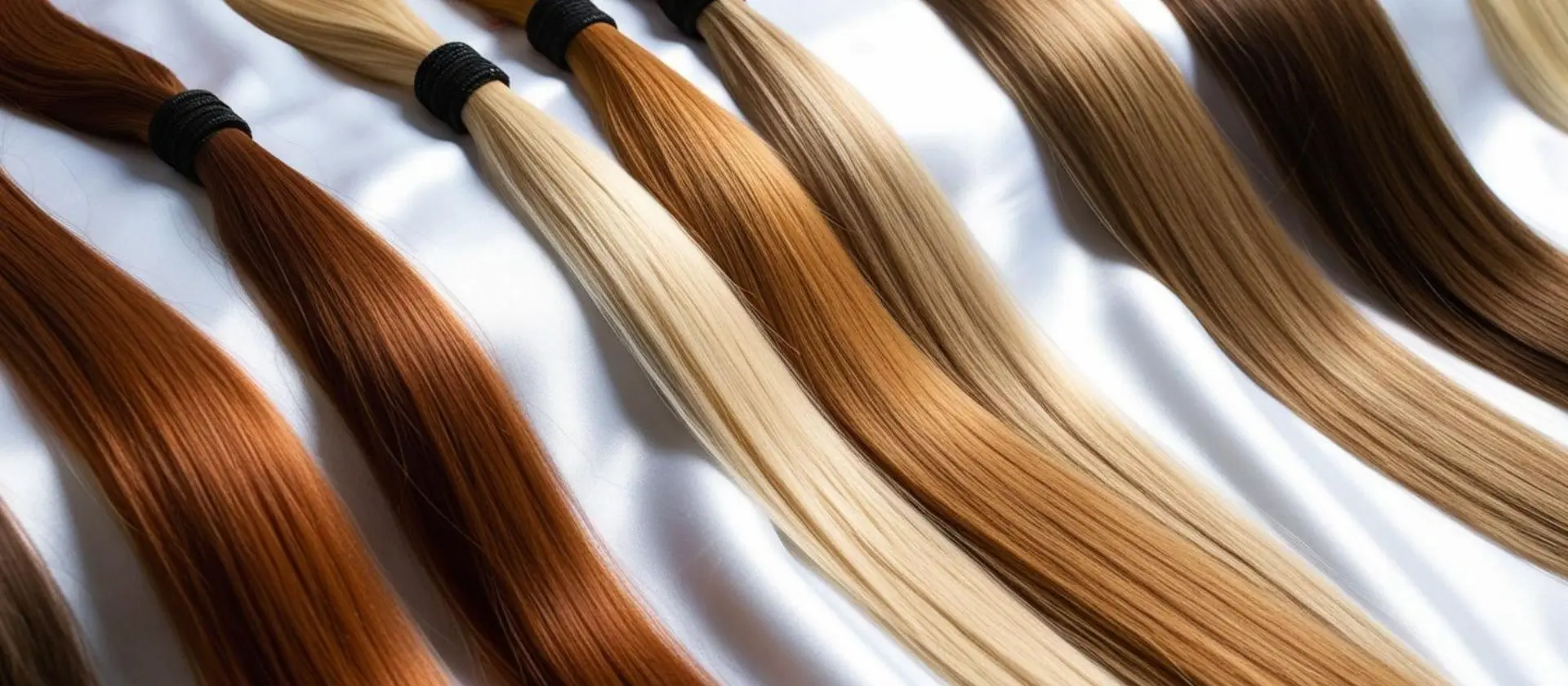 Various hair extensions in different shades displayed on a white satin background, showcasing options for clients at Refined Beauty Boutique in Naperville, IL.