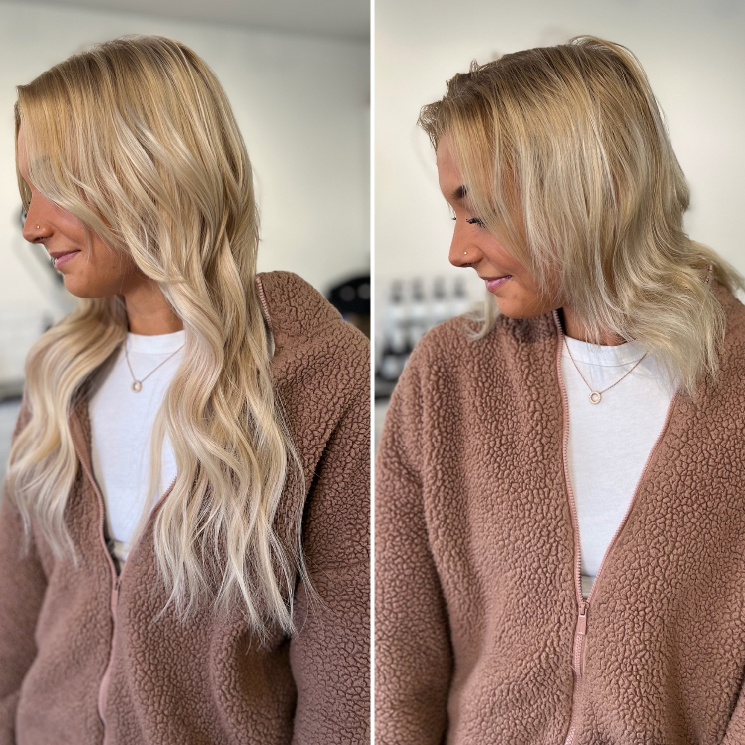 Before and after comparison of K-tip hair extensions on a woman, showcasing enhanced length and volume with natural movement, styled in waves, wearing a cozy brown jacket.