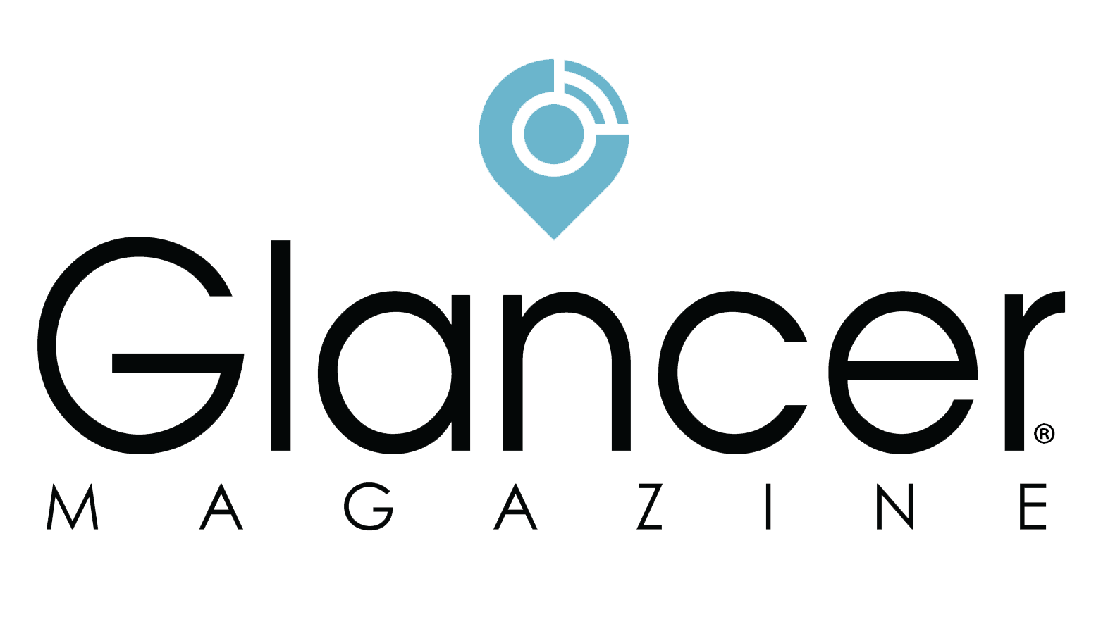 Glancer Magazine logo featuring bold black text on a red background with a blue location pin icon, representing Refined Beauty Boutique's feature in a publication about hair extensions.