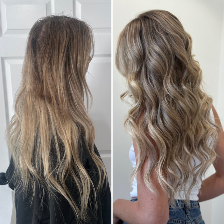 Before and after comparison of K-tip hair extensions, showcasing significant transformation in hair length and volume, with visible waves and blended color.